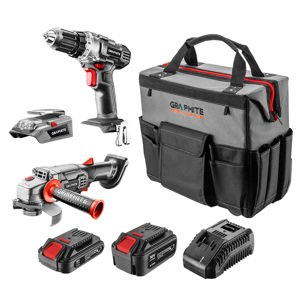 GRAPHITE Súprava Energy+ vŕtačka/prístroj (58G000), uhlová brúska (58G003), USB adaptér-LED baterka (58G025), 2,0Ah (58G001) a 4.0Ah (58G004), nabíja…