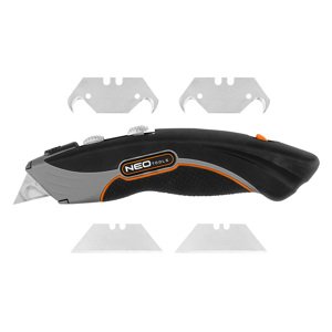 NEO TOOLS Nôž s lichobežníkovou čepeľou a hákovou čepeľou, kovové telo 6 čepelí 63-700